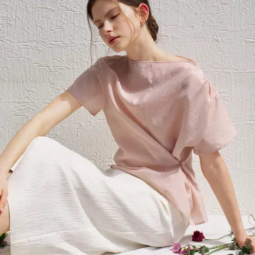 [MOMET] Cosmo Button Wrap Blouse - Peach Pink / 코스모 버튼 랩 블라우스 피치핑크