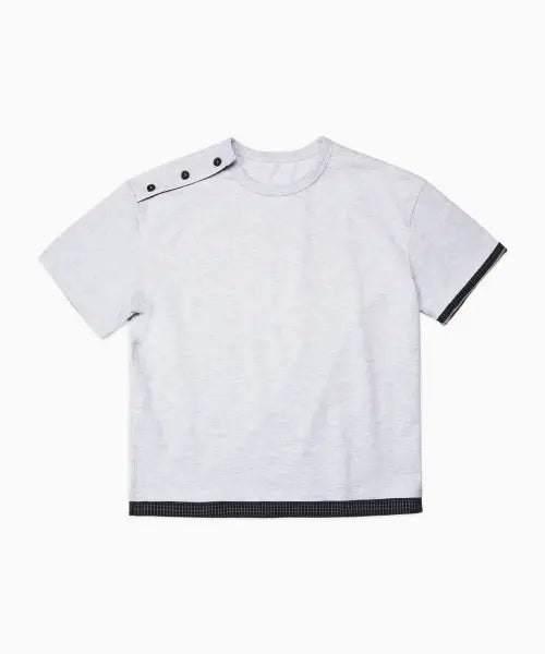 [DOFFJASON] Shoulder Button Check Layered T-shirt MELANGE WHITE / 숄더 버튼 체크 레이어드 티셔츠 MELANGE WHITE