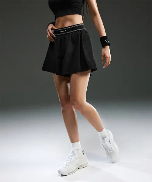 [BORN TO WIN] W DOUBLE LINE BAND FLARE SHORTS [BLACK]