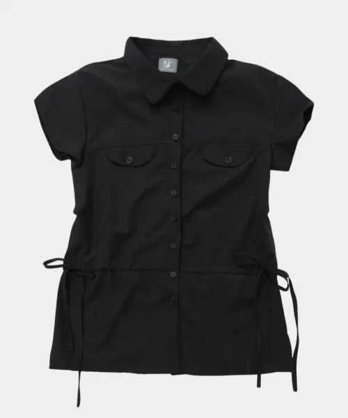 [SOME PLACE] Ribbon Strap String Snap Point Round Collar Short Sleeve Blouse Shirt [Black] / 리본 스트랩 스트링 스냅 포인트 라운드 카라 반팔 블라우스 셔츠 [블랙]