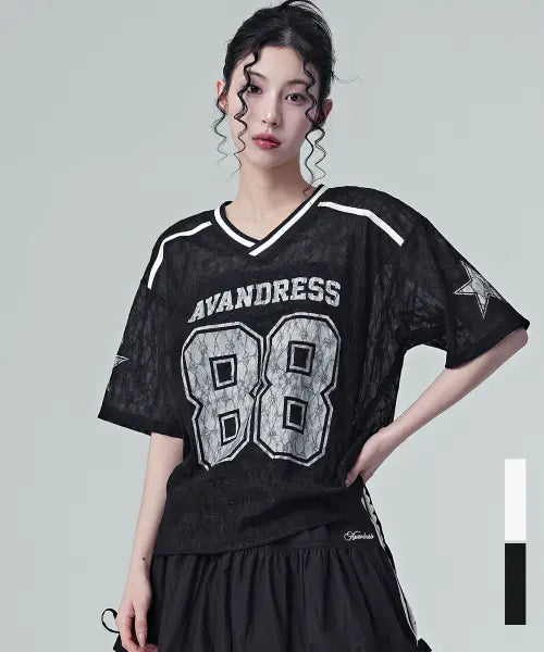 [AVANDRESS] Ballerina Club 88 Football Jersey Lace T-shirt / 발레리나 클럽 88 풋볼 져지 레이스 티셔츠_2Colors