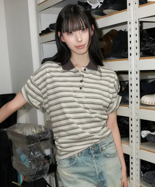[LARTIGENT] L23 STRIPE COLLAR T-SHIRT(BROWN)