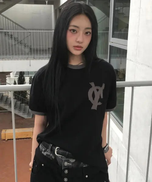 [OPENYARD(OY)] LOGO PATCH RINGER TEE - BLACK