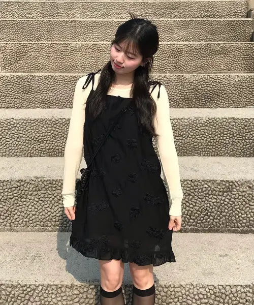 [BELLOL] Flower volume ribbon dress BLACK