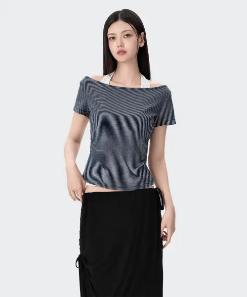 [MIXXO] Stripe Halter Layered T-shirt / 스트라이프 홀터 레이어드 티셔츠 RE HWG70QA_MIWHWG90QA