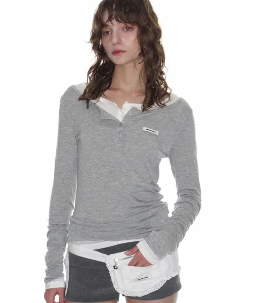 [CRANK] Basic Henley Neck Top_Melange Grey / 베이직 헨리넥 탑_멜란지 그레이