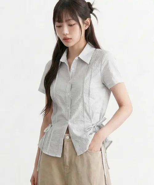 [TOPGIRL] Strap Pintuck Stripe Shirt Blouse / 스트랩 핀턱 스트라이프 셔츠 블라우스_T611TP155