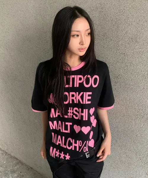 [WAIKEI] Maltipoo Lettering Color Block Crop Ringer Short Sleeve T-Shirt BLACK / 말티푸 레터링 배색 크롭 링거 반팔티셔츠 블랙