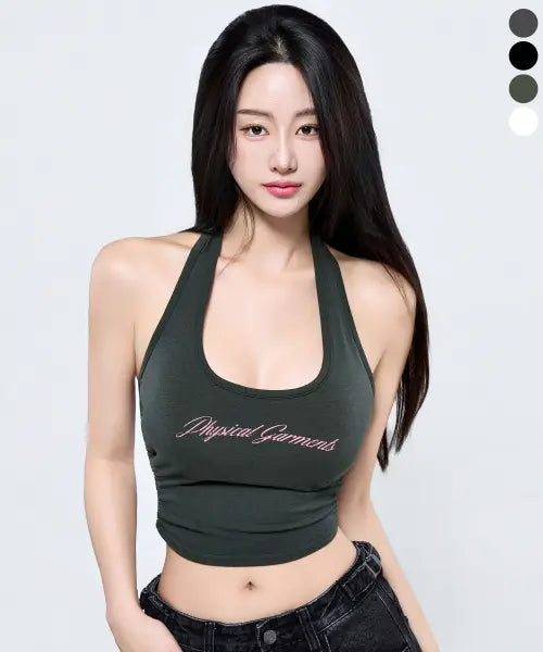 [PHYSICAL GARMENTS] Vintage Logo Halterneck Tank Top / P5088 빈티지 로고 캡내장 홀터넥 나시 [4COLOR]