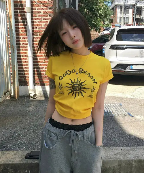 [COSO] CC Color Artwork Crop T-Shirt (Yellow) / CC 컬러 아트웍 크롭 티셔츠(옐로우)