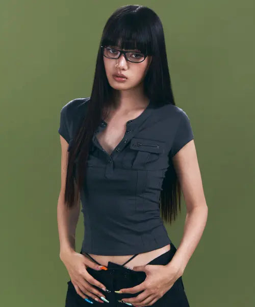 [PLEASENOFOLLOW] Pansy Pocket Button Short Sleeve Top (Vintage Charcoal)