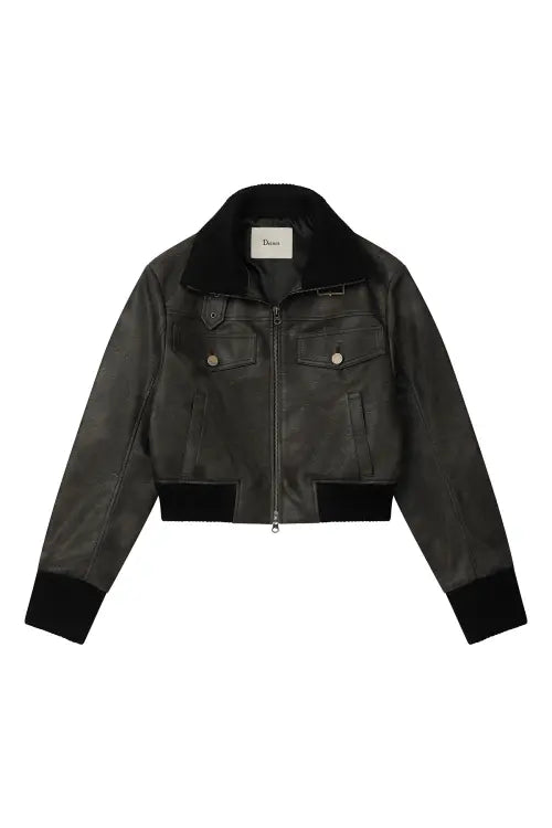 [DEINET] CRACKED FAUX LEATHER JACKET IN CHARCOAL