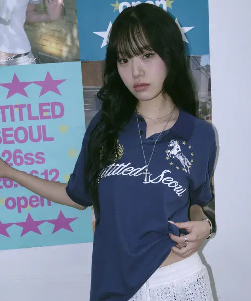 [UNTITLED SEOUL] UNTITLED CREST POLO CROP SHORT SLEEEVE NAVY / 언타이틀 크레스트 폴로 크롭 반팔 네이비