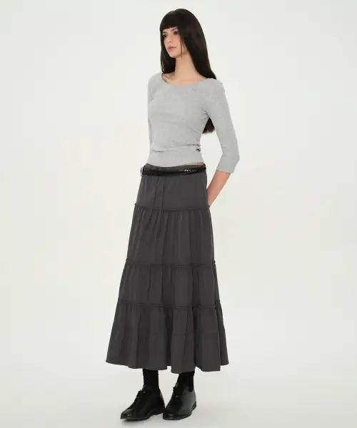 [MUSINSA STANDARD WOMAN] WOMAN JERSEY TIERED LONG SKIRT [GREY] / 우먼즈 저지 티어드 롱 스커트 [그레이]