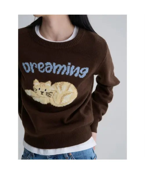 [8SECONDS] Cat Jacquard Pullover - Brown / 고양이 자카드 풀오버  브라운