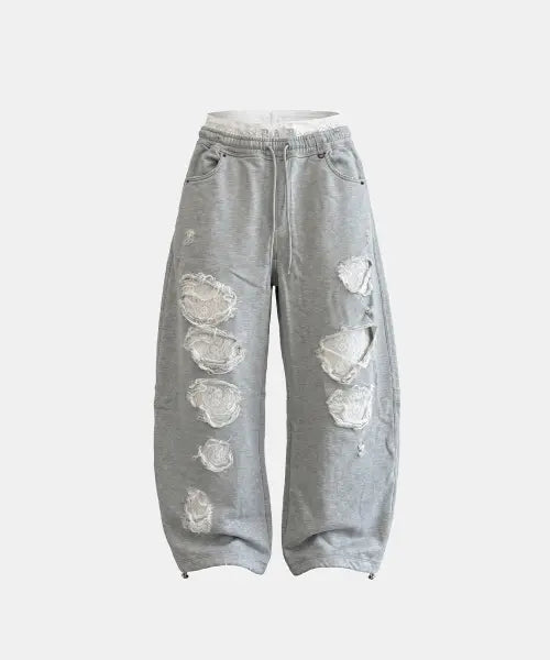 [BADBLOOD] Lace Layered Distressed Joggers - Gray / 레이스 레이어드 디스트레스드 조거 - 그레이