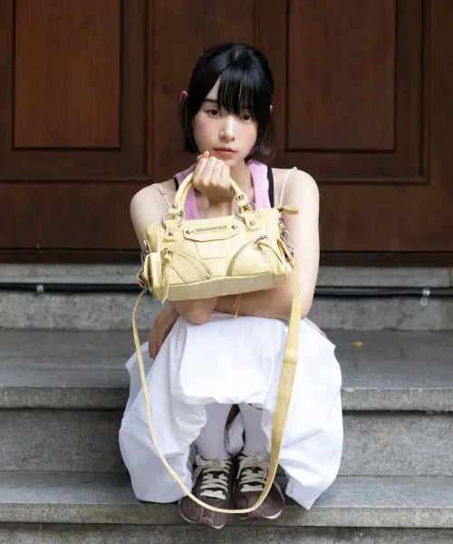 [IUGAMAKARAS] Studded Leather Micro Shoulder Bag (Yellow)