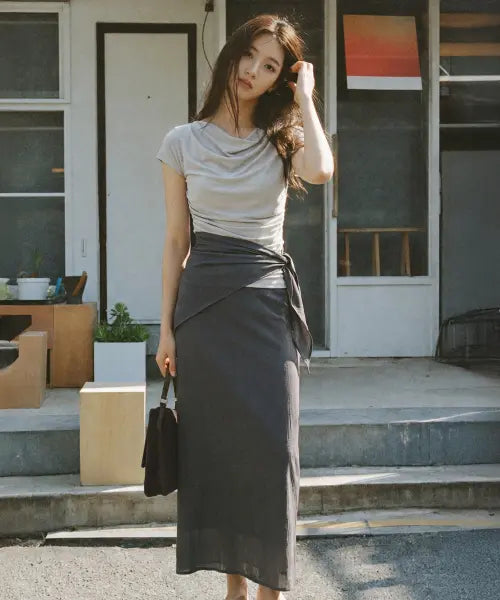 [LAMEREI] Pleats Maxi Skirt - Charcoal / [스카프 Set]Pleats Maxi Skirt[LMBFSUSK418]-Charcoal