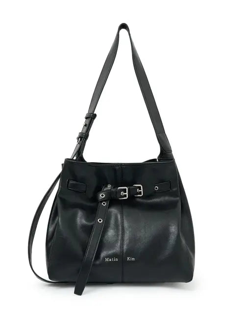[MATIN KIM] BELTED VOLUNN MID BUCKET BAG IN BLACK
