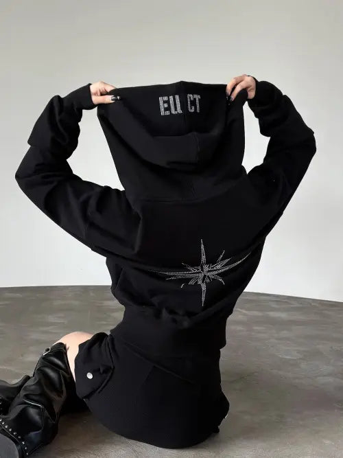 [EUCT] EUCT Hotfix Rhinestone Hood Zip Up - BLACK / EUCT 핫픽스 라인스톤 후드집업 - 블랙