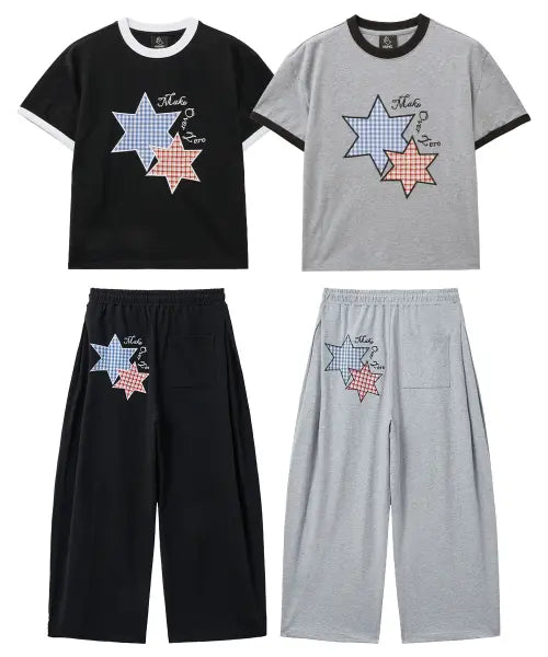 [MOZMOZ] Star Patch Ringer T-Shirt & Side Tuck Wide Training Pants Set / [SET] 스타패치 2type 링거 반팔티셔츠+사이드턱 와이드 트레이닝 팬츠