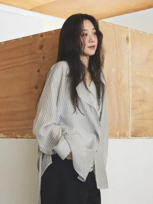 [LOEUVRE] Sheer Striped Asymmetric Placket Shirt SW6MB702-11