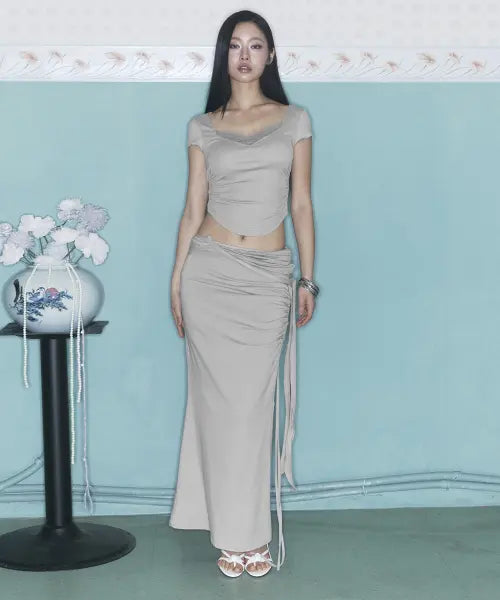 [PLEASENOFOLLOW] Ina Shirring Long Skirt (Ash Beige)