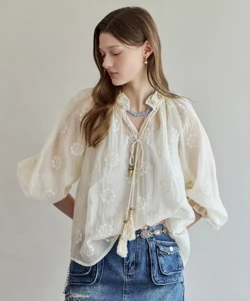 [MAXZA] Floral Embroidered Frill Neck Tassel Blouse / 플라워 자수 프릴넥 태슬 블라우스