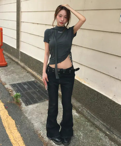 [SECONDSALT] LOW-RISE FLARE DENIM PT (RAW BLACK) / 로우라이즈 플레어 데님 팬츠 (로우블랙)