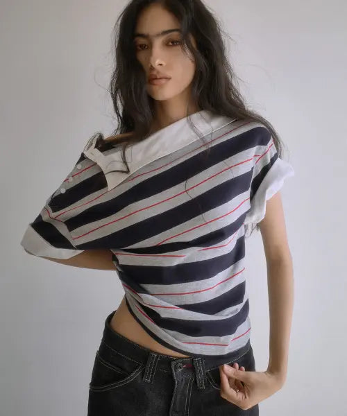[PORTERNA] OFF-SHOULDER SHIRT LAYERED UNBALANCED T-SHIRT-STRIPE