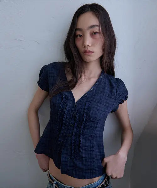 [ORDES] RAW EDGE RUFFLE BLOUSE - NAVY / 로우 엣지 러플 블라우스 - 네이비
