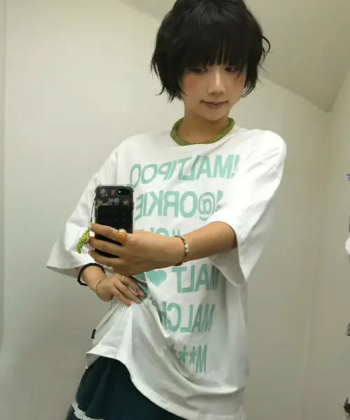 [WAIKEI] Maltipoo Lettering Color Block Half Sleeve T-shirt WHITE / 말티푸 레터링 배색 반팔 티셔츠 화이트