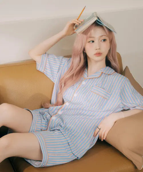 [DOSSY] Silk Fit Sier Short Sleeve Couple Pajama Set / 실크핏 시에르 반팔 커플 잠옷 세트