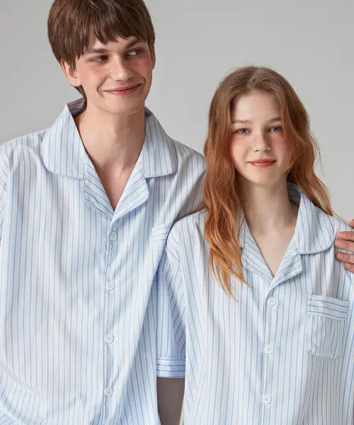 [DOSSY] Silk Fit Ripple Short Sleeve Couple Pajama Set / 실크핏 리플 반팔 커플 잠옷 세트