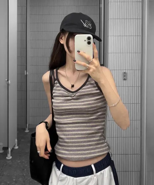 [SAYUU] Faded Stripe Sleeveless Top - Grey / 페이드 스트라이프 슬리브리스 그레이