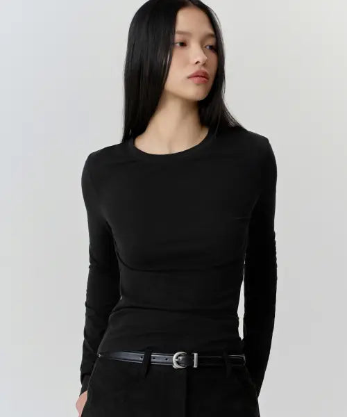 [MUSINSA STANDARD WOMAN] Womens Sheer Slim Long Sleeve T-Shirt [Black] / 우먼즈 시어 슬림 긴소매 티셔츠 [블랙]
