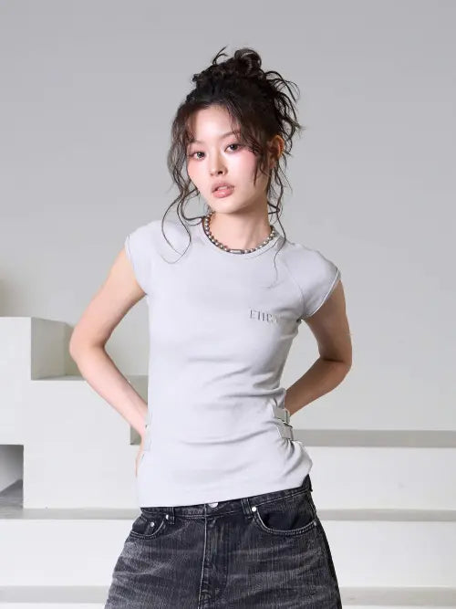 [EUCT] Raglan Buckle T-shirt - CHACOAL / 레글런 버클 티셔츠 - 그레이