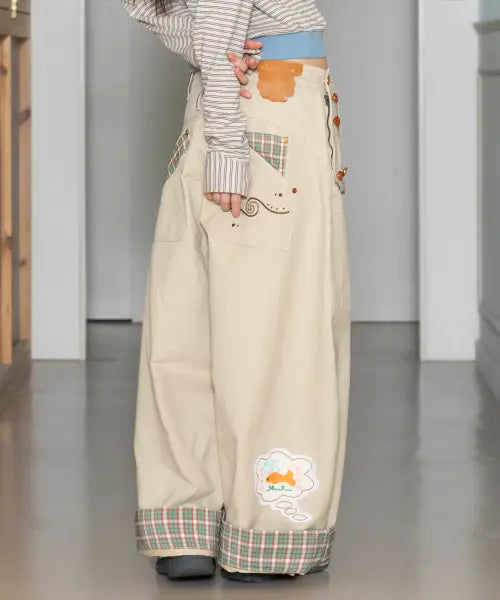 [RuNaKi'Hu'] WXP085 Shiawase Check Contrast Balloon Pants (BEIGE) / WXP085 시아와세 체크 배색 벌룬 팬츠 (BEIGE)