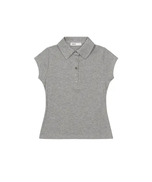 [PEPLEE] Button Cap Sleeve Collar Tee (Grey)