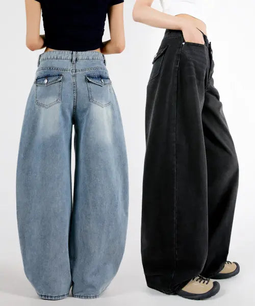 [UMM] Women short long balloon wide pocket denim pants 4colors / 여자 숏롱 벌룬와이드핏 포켓 데님청바지 4COLOR