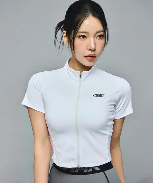 [MIHAK] Metal Logo Short Sleeve Zip-Up Jacket (White) / 메탈 로고 숏 슬리브 집업 자켓 (WHITE)