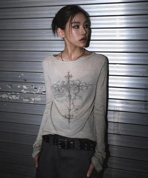 [NOMANUAL] CROSS SHEER LONG SLEEVE TEE - WARM GRAY