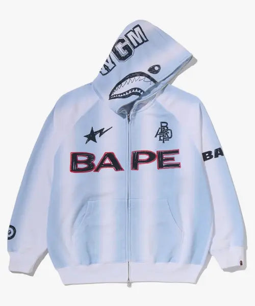 [BAPE] HAND DRAW FOOTBALL SHARK RELAXED FIT FULL ZIP HOODIE M_WHITE / 핸드 드로우 풋볼 샤크 릴렉스드 핏 풀 집 후드(M) WHITE
