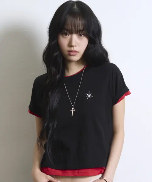 [UNTITLED SEOUL] UNTITLED LAYERED CROP SHORT SLEEVE BLACK / 언타이틀 레이어드 크롭 반팔 블랙