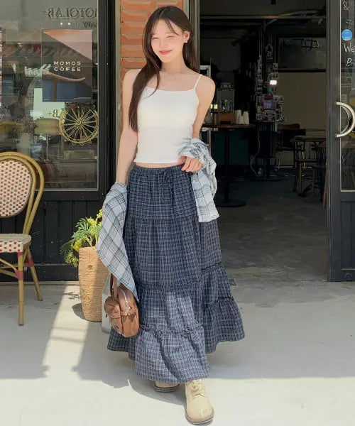 [CARGOBROS FOR WOMAN] FLARE FRILL CHECK LONG SKIRT (NAVY) / 플레어 프릴 체크 롱 스커트 (네이비)