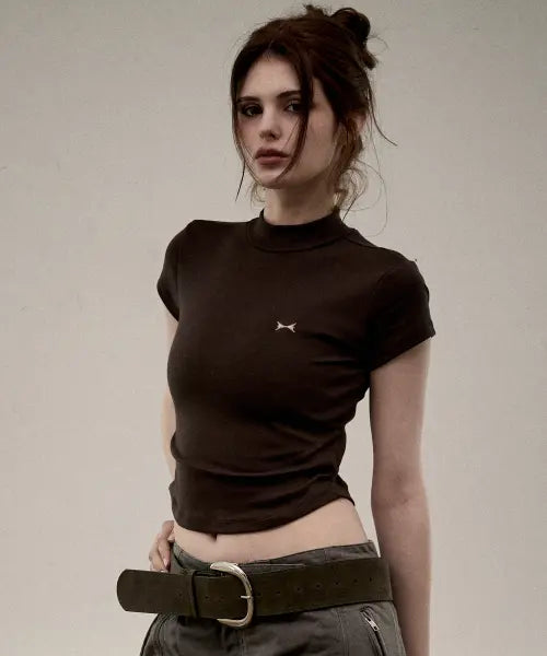 [KITTY POTTERY] Soft Half Neck Cap Sleeve T-Shirt [BROWN] / 소프트 하프넥 캡슬리브 티셔츠 [브라운]