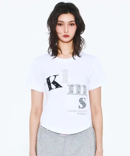 [KIMS FRESH COTTON MARKET] Mesh Star Check Applique T-Shirt White / 메시  스타체크 아플리케 티셔츠 화이트