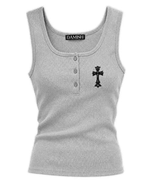 [DAMISH] Gothic Cross Embroidery Button Tank Top_Gray / 고딕 크로스 자수 버튼 탱크탑_그레이