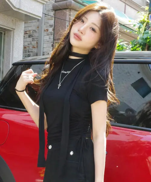 [SECONDSALT] SHIRRING CHOKER HN TEE (BLACK) / 셔링 초커 하프넥 티셔츠 (블랙)