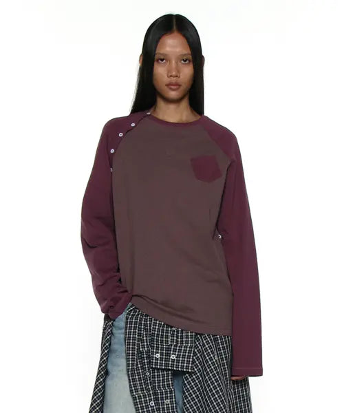 [PARTIMENTO WOMEN] PWC BUTTON-UP POCKET RAGLAN TEE_RED BEAN / PWC 버튼업 포켓 레글런 티_레드빈